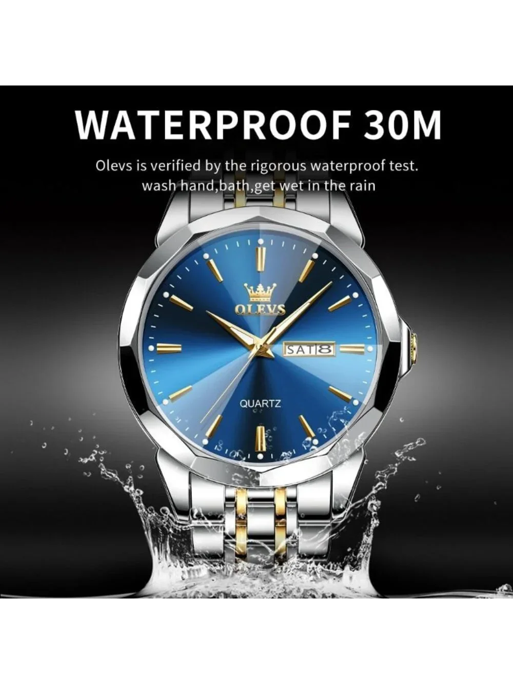 Men Blue Diamond Analog Quartz Solid Stainless Waterproof Luminous Classic Watch